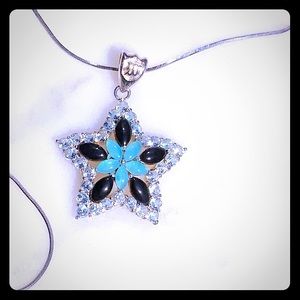 Aqua & lapis star pendant silver necklace